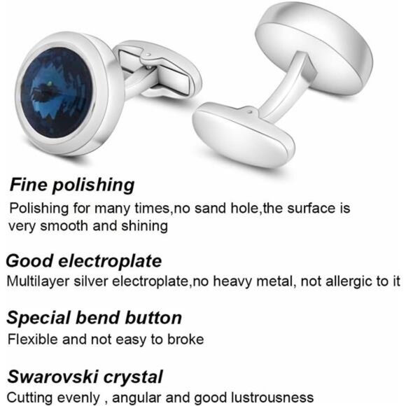 Mens Cufflinks Elegant Style Cuff Link Super Shiny Swarovski Navy Blue Crystal - Picture 3 of 7